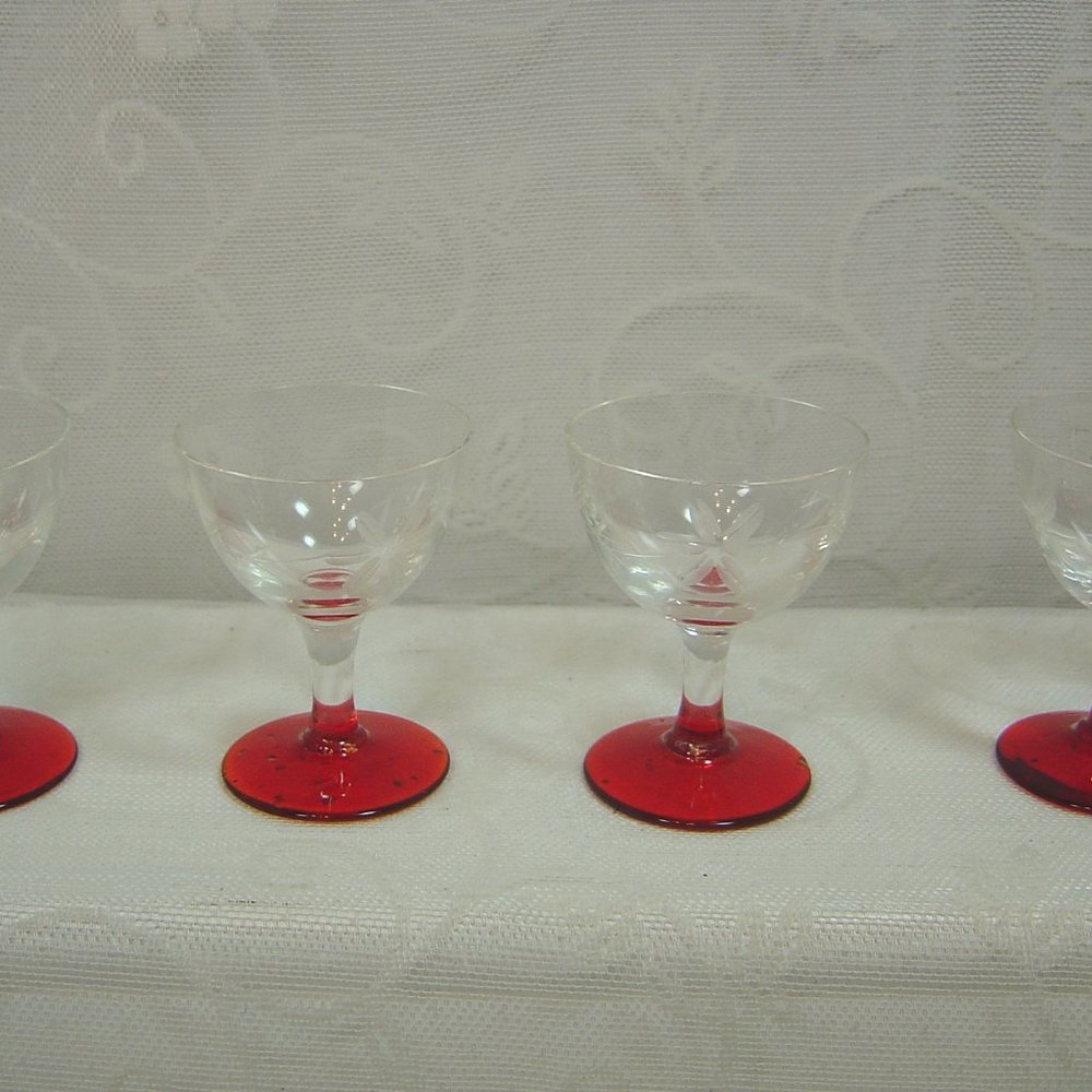 Set of 4 mini goblets/shotglasses/cordials--etched with red base--2.5" tall